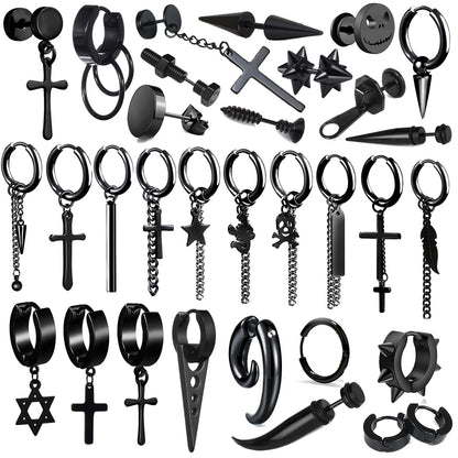 1 Pair Punk Black Multiple Styles Stainless/Titanium Steel Stud Earrings for Men and Women Gothic Street Pop Hip Hop Ear Jewelry