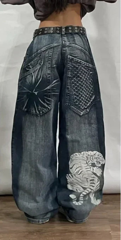 Retro Southpole Jeans Skull Watermark Loose Jeans Men Women Y2K Harajuku Gothic Hip Hop Skateboard Pants Street Wear Mom Jeans