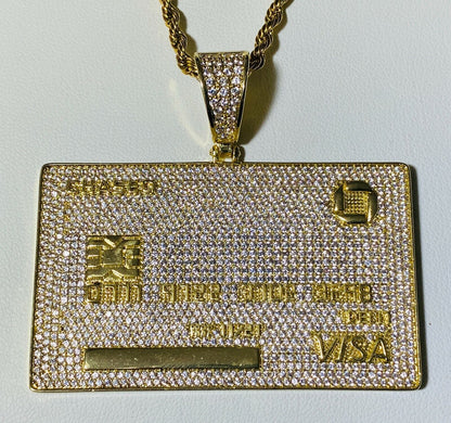Chase Visa Debit Credit Card Men Women 14K Gold F Pendant Icy Charm Rope Chain