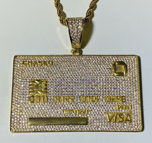 Chase Visa Debit Credit Card Men Women 14K Gold F Pendant Icy Charm Rope Chain