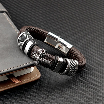 Punk Mingao Charm Stainless Steel Cross Leather Bracelet Man Charm 12*6 Black Woven Custom Name Bracelet Magnet Clasp Brown Gift