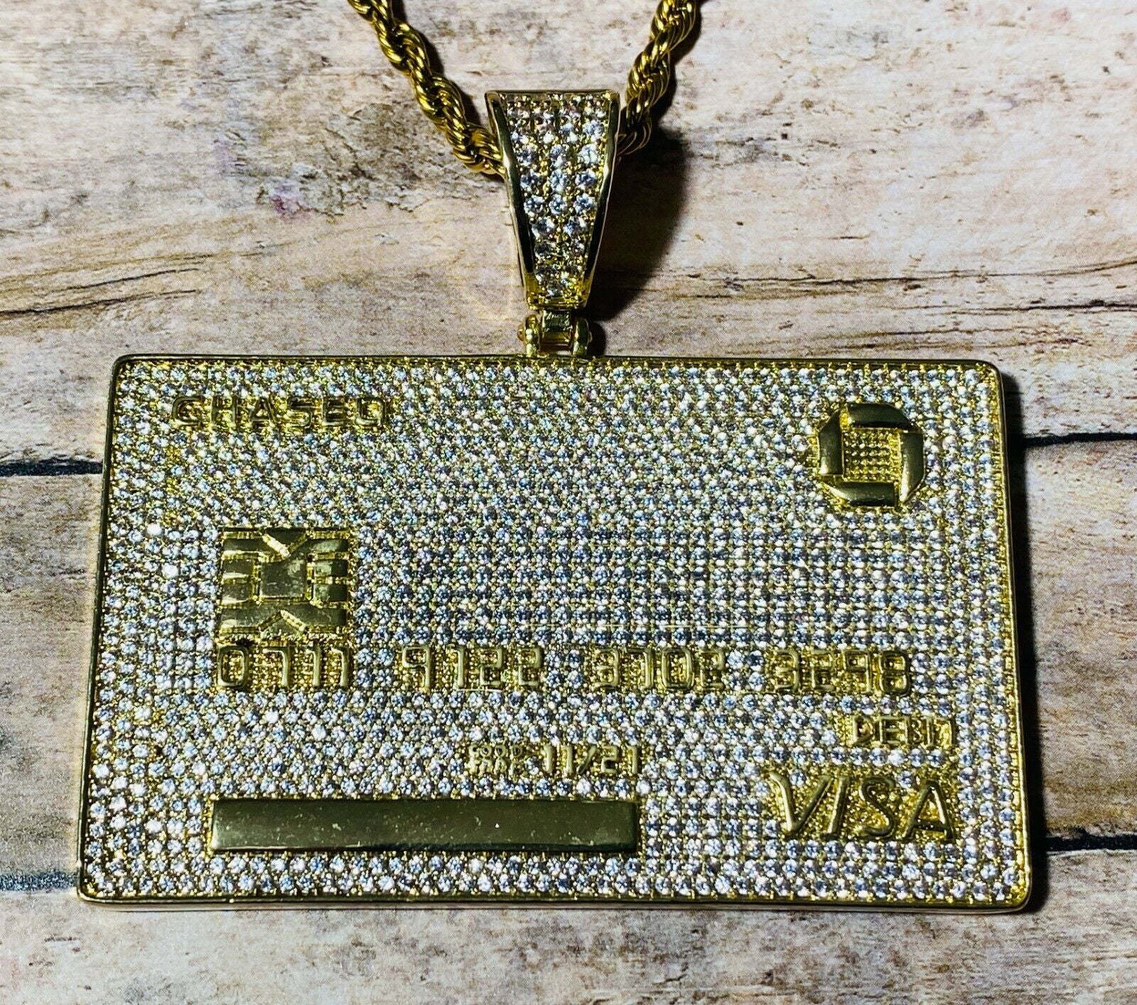 Chase Visa Debit Credit Card Men Women 14K Gold F Pendant Icy Charm Rope Chain