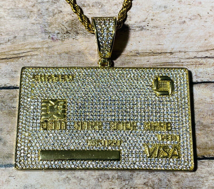 Chase Visa Debit Credit Card Men Women 14K Gold F Pendant Icy Charm Rope Chain