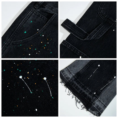 Men'S Vintage Streetwear Flared Jeans Pants Hip Hop Wide Leg Jean Overalls Fashionable Retro Patchwork Ink Splashing
