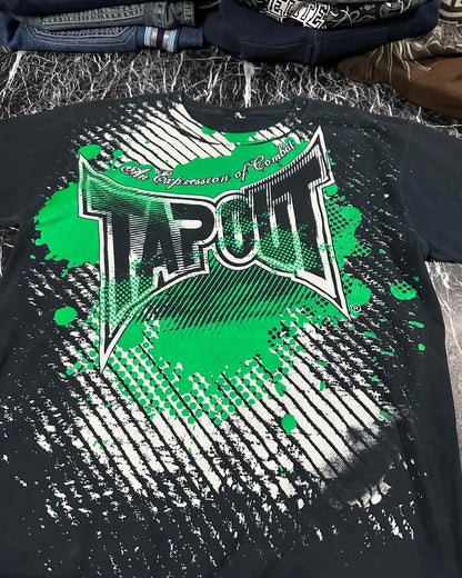 New Tapout Green Graffiti Shirts Y2K Mens Graphic Print Oversized T Shirt Harajuku Gothic round Neck Cotton Short Sleeve Tops